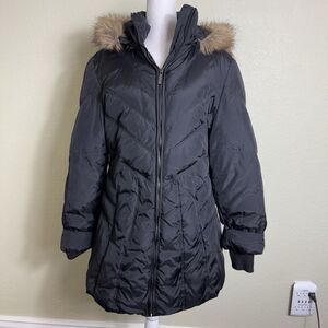 Anne Klein Women's Parka Down/Water Fowl Feathers Black Hood Faux‎ Fur Trim Sz M